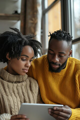 an African American couple organizing their day together with a shared digital calendar on a tablet