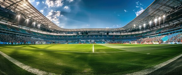 Naklejka premium A Vibrant Football Stadium With Impeccably Green Grass, Brimming With Enthusiastic Spectators