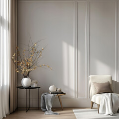 Aesthetic elegant minimalist interior design. Clear mock up empty wall for decoration in the apartment. Copy space in the room with moldings. Neutral palette of natural colors.