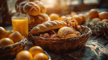 A rustic table setting with a basket of fresh croissants, bread, and orange juice