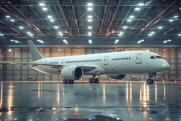 Passenger wide body aircraft after maintenance repair in airport hangar, ready to fly