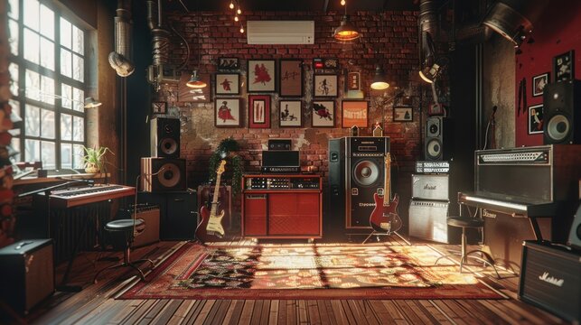 atmosphere in the music studio room, themed rock metal music. vintage style. generative AI Content.