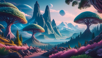 Mysterious forest scenery like the future with aliens