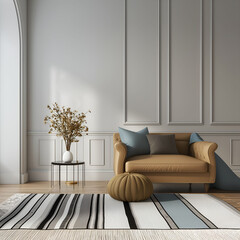 Aesthetic elegant minimalist interior design. Clear mock up empty wall for decoration in the apartment. Copy space in the room with moldings. Neutral palette of natural colors.