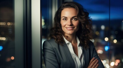 Fototapeta premium Smiling businesswoman standing in office, looking at camera.
