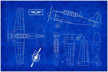 Mockup  fantasy blueprint illustration of WWII aircraft. Use as design element for websites, print and other graphics.