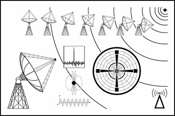 Mock up fantasy blueprint illustration of radio telescope searching for life in the universe. Use as design element for websites, print and other graphics.