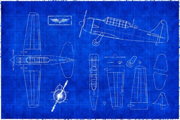 Mockup  fantasy blueprint illustration of WWII aircraft. Use as design element for websites, print and other graphics.