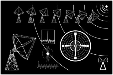 Mock up fantasy blueprint illustration of radio telescope searching for life in the universe. Use as design element for websites, print and other graphics.
