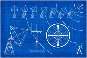 Mock up fantasy blueprint illustration of radio telescope searching for life in the universe. Use as design element for websites, print and other graphics.