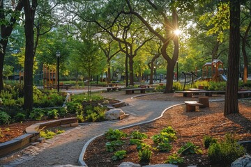 Fototapeta premium A city park with abundant trees, playgrounds, and walking paths, demonstrating urban green spaces. 