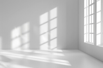 Fototapeta premium Empty room minimalistic light gray background for product presentation with shadow and light from windows