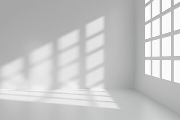 Obraz premium Empty room minimalistic light gray background for product presentation with shadow and light from windows