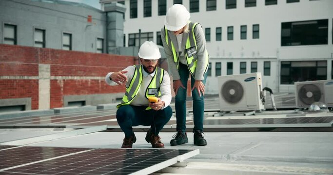 Man, people and multimeter inspection of solar panel power check, installation or electric safety of maintenance together. Woman, partner and digital test, heating system and photovoltaic quality
