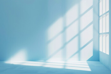 Obraz premium Empty room minimalistic light blue background for product presentation with shadow and light from windows