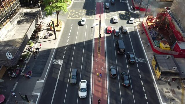 aerial view from the traffic jam at avenue paulista in the city of s&atilde;o paulo, sp, brazil in a sunny day