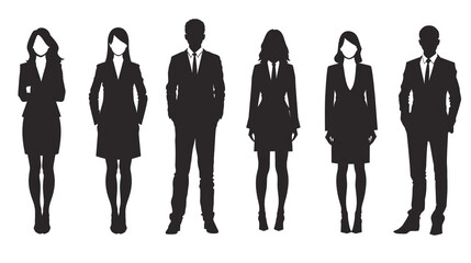 Black vector silhouettes depict male and female business professionals standing full-length on a white background.
