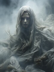 Fototapeta premium an image of a woman in a white shroud with smoke coming out of her mouth
