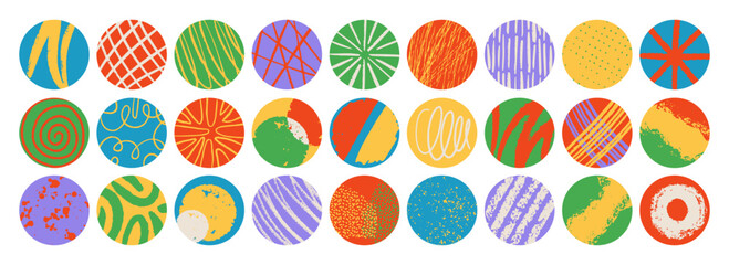 Retro colorful geometric pattern background, vector abstract circle art. Hand drawing lines. Trendy bauhaus icon set