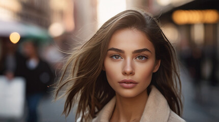 Obraz premium Close up portrait of beautiful young female model in 20s with perfect glowy skin on the city street