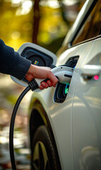 Naklejka premium Ultra realistic image of a hand connecting the charger to an electric car, close-up, high definition, ultra detailed, day light
