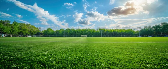 Fototapeta premium An Empty Soccer Field, Its Green Grass Ready And Waiting For The Next Game