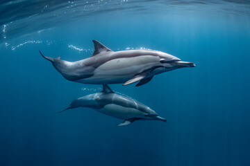 Fototapeta premium Pod of common dolphins (Delphinus delphis) swimming in the Atlantic Ocean near the Western Cape coast of South Africa