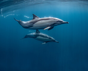 pod of common dolphins (Delphinus delphis) swimming in the Atlantic Ocean near the Western Cape coast of South Africa