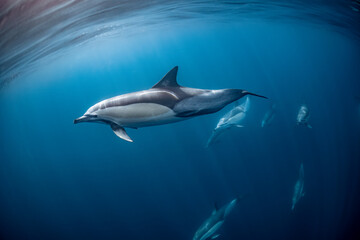 Fototapeta premium Pod of common dolphins (Delphinus delphis) swimming in the Atlantic Ocean near the Western Cape coast of South Africa