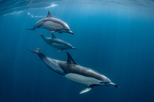Pod of common dolphins (Delphinus delphis) swimming in the Atlantic Ocean near the Western Cape coast of South Africa