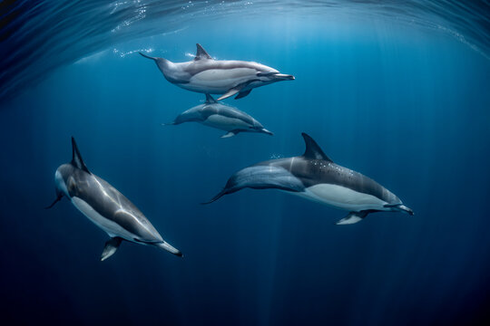 Pod of common dolphins (Delphinus delphis) swimming in the Atlantic Ocean near the Western Cape coast of South Africa