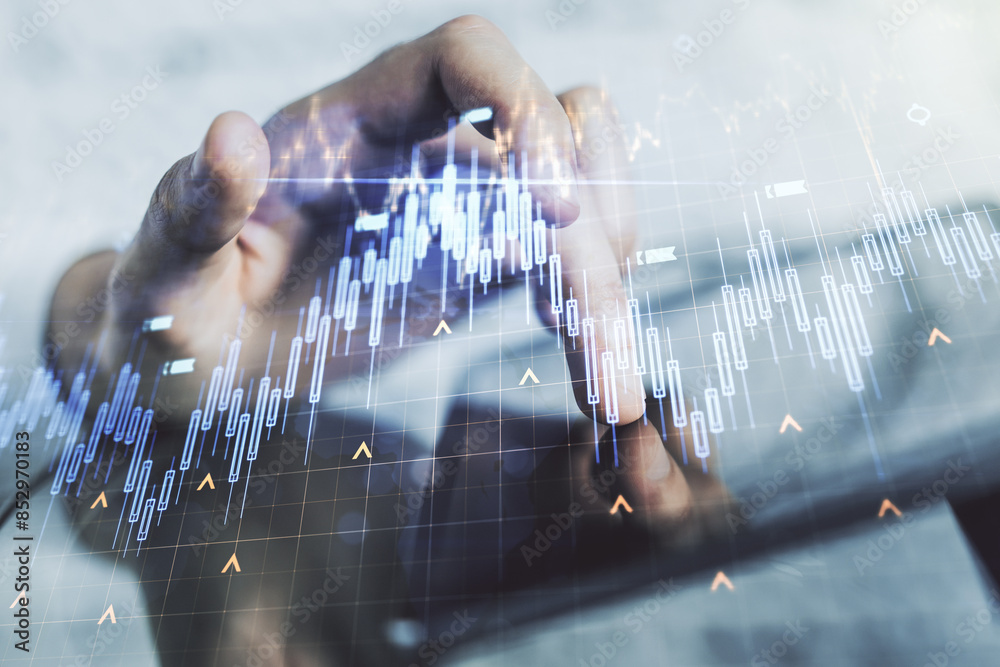 Aufkleber multi exposure of abstract financial diagram with world map and hand working with a digital tablet o