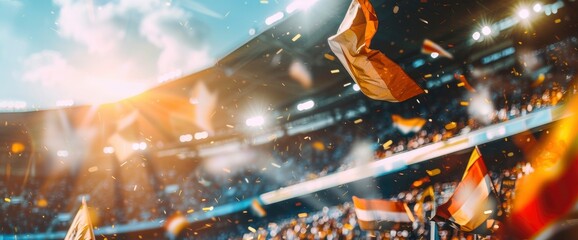 Banners And Flags Flutter In The Wind At A Blurred Football Stadium, Enhancing The Festive Atmosphere