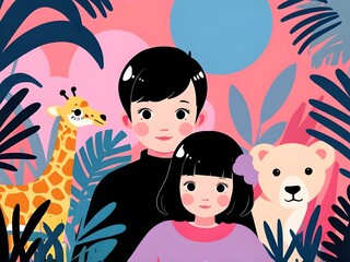 Minimalist cubist jungle vibe, cute children's illustrations of baby animals in the jungle in simple shapes, minimalist fashion. Generative AI