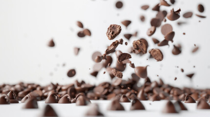 Chocolate chip morsels falling on wooden table