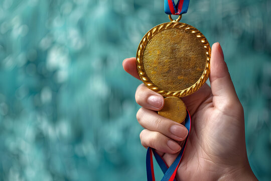 Flat design Illustration. Hand holds and raised gold medal trophy, holding medal against clean backgrund. award and victory concept
