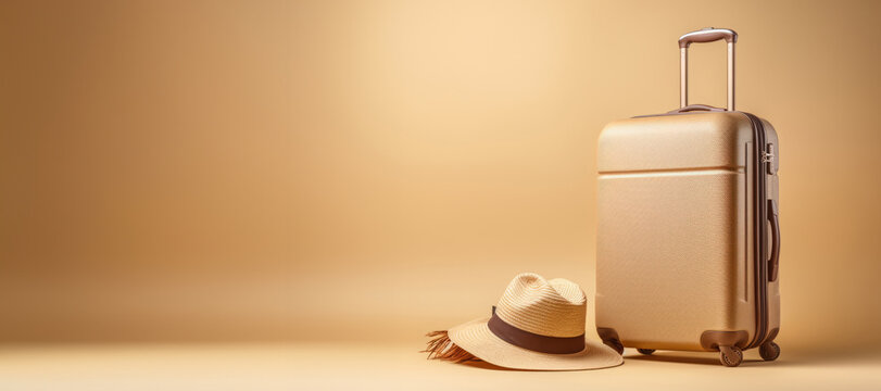 Elegant travel concept with luggage and hat with copy space, travel concept