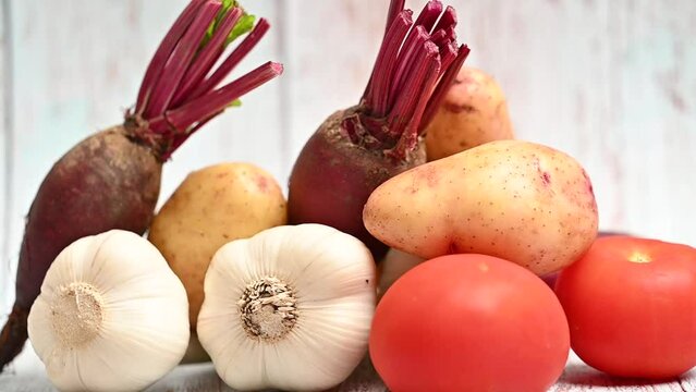 vegetables beets, potatoes, tomatoes, garlic