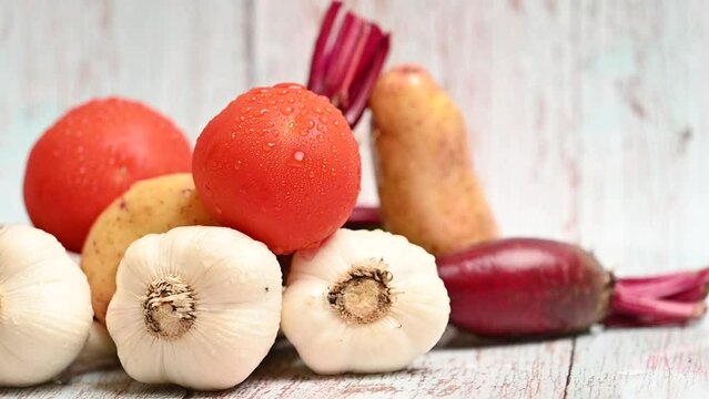 vegetables beets, potatoes, tomatoes, garlic