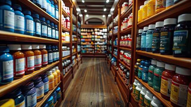 Interior of a store with dietary products and supplements on the shelves.