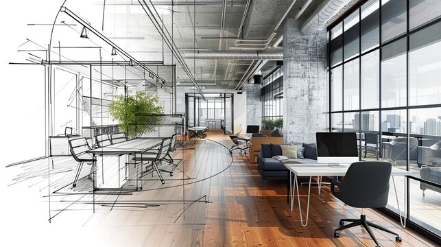 Stylish office interior with modern furniture. Combination of photo and sketch 