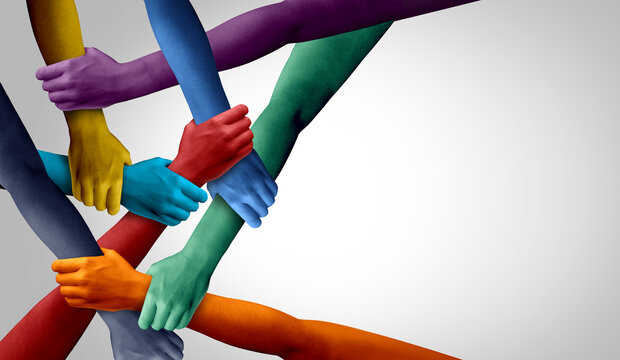Concept Of Belonging and inclusion idea as a symbol of diverse people uniting together and strength of the unity of multiculturalism and integration or inclusivity acceptance of a diverse community.