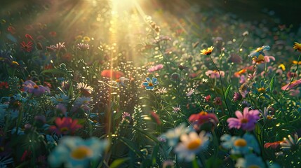 Bright sunlight shining on vibrant flower field