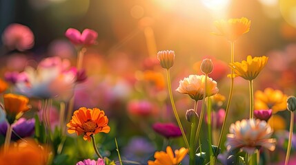 Bright sunlight shining on vibrant flower field 