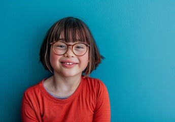 Fototapeta premium Happy young girl with down's syndrome, glasses and short brown hair in front of blue background.