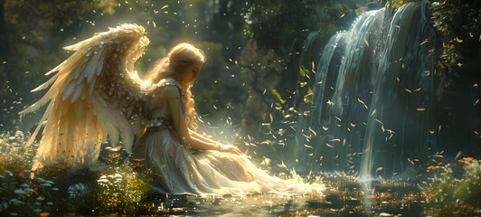 Mystical female angel, thoughtfully at a waterfall, pond. Dreamy romantic atmosphere. Faith and hope concept. Decorative background for cards, poster, wallpapers etc. 
                        
