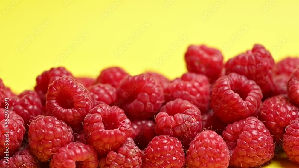 Poster ripe red raspberries close up