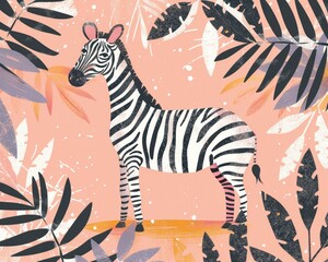 Striped beauty a zebra in the pink jungle leaves wilderness wildlife travel trip nature art concept