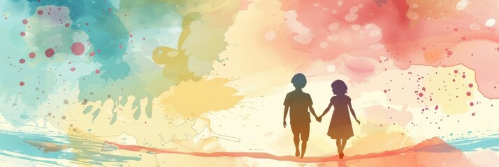 Happy international friendship day. The friends are having fun and running forward holding hands. Back view. Watercolor illustration. Horizontal banner, free space for text