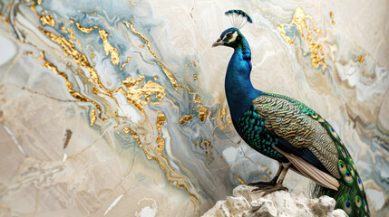Volumetric peacock bird with golden elements against dark background